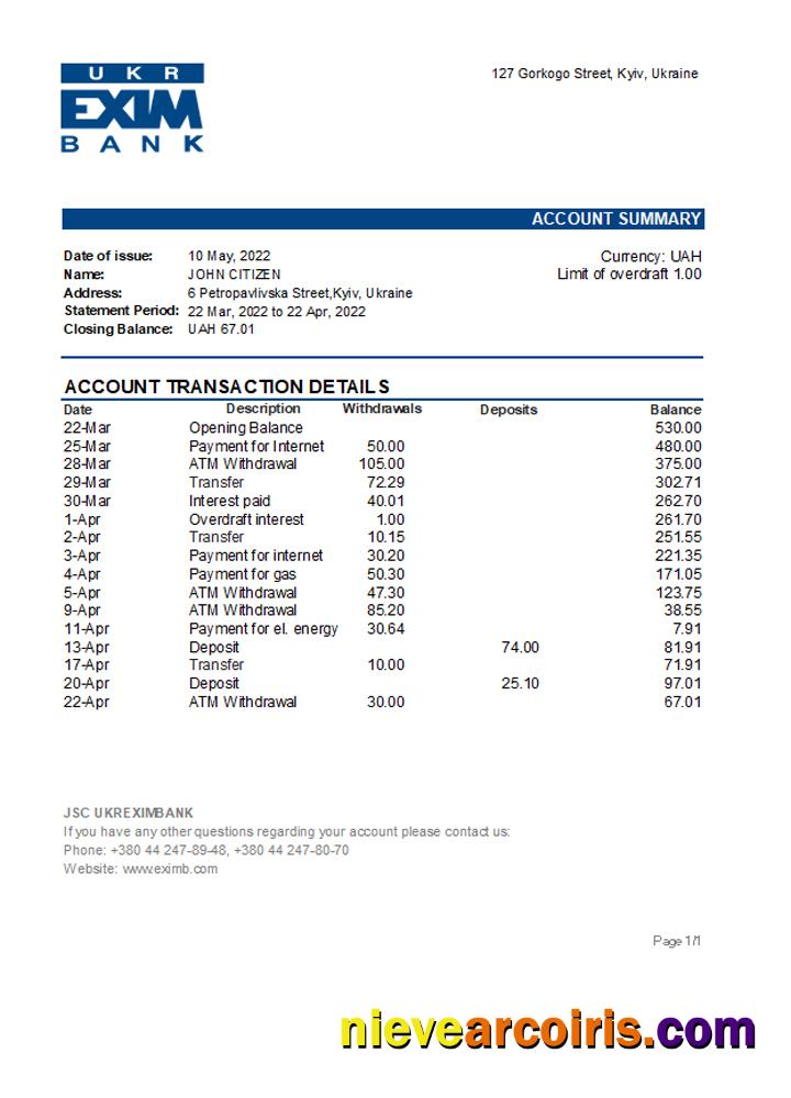 Ukraine Ukreximbank bank statement
